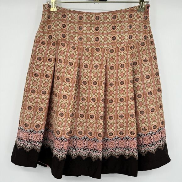 Tapemeasure Silk Pleated Skirt Size 4 Brown High Waisted A-Line Geometric Preppy - Picture 1 of 11